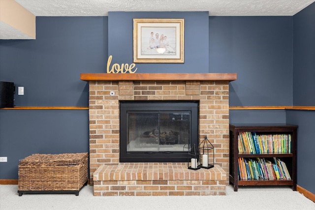 15306 S Heritage Dr, Plainfield, IL 60544 - interior details with a fireplace, carpet flooring, a textured ceiling, and baseboards