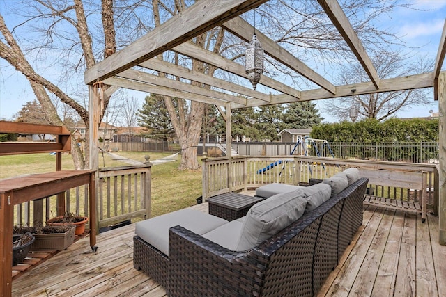 15306 S Heritage Dr, Plainfield, IL 60544 - wooden terrace with a pergola, a fenced backyard, an outdoor hangout area, a playground, and a lawn