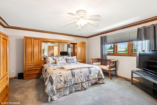 681 Vanderbilt Dr, New Lenox, IL 60451 - bedroom featuring carpet floors, a ceiling fan, baseboards, and ornamental molding