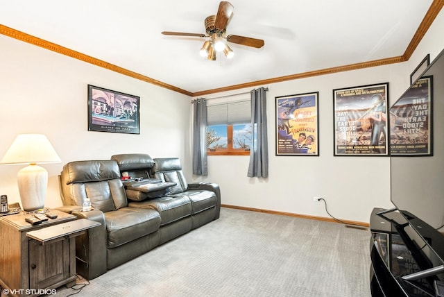 681 Vanderbilt Dr, New Lenox, IL 60451 - living area with crown molding, a ceiling fan, baseboards, and carpet