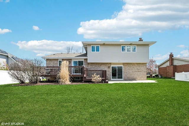 681 Vanderbilt Dr, New Lenox, IL 60451 - back of property featuring fence, brick siding, a deck, a patio, and a yard