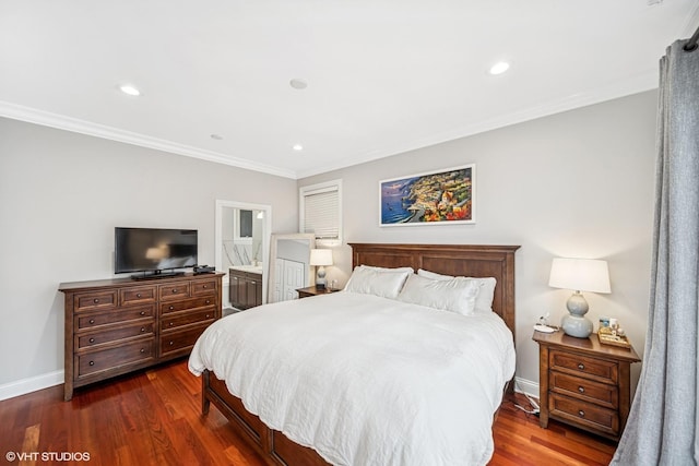 bedroom with crown molding, baseboards, recessed lighting, and dark wood-style floors