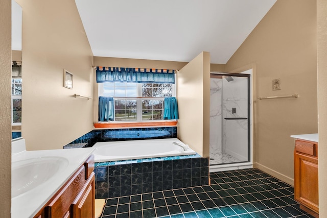 1581 Hunting Hound Ln, Bartlett, IL 60103 - bathroom with a garden tub, vanity, tile patterned flooring, and a marble finish shower