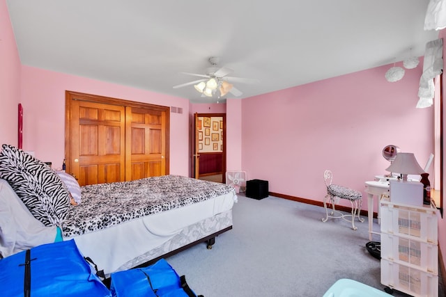 1581 Hunting Hound Ln, Bartlett, IL 60103 - bedroom featuring ceiling fan, carpet, a closet, visible vents, and baseboards