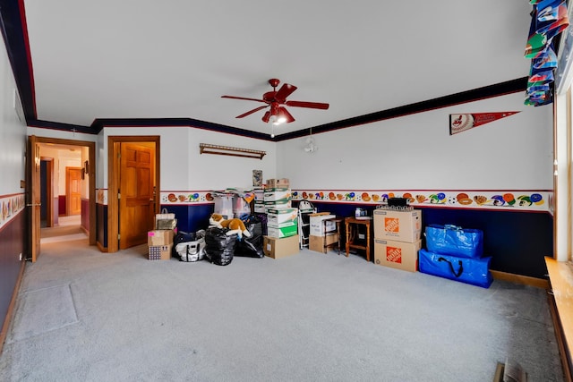 1581 Hunting Hound Ln, Bartlett, IL 60103 - rec room with carpet, ornamental molding, and ceiling fan