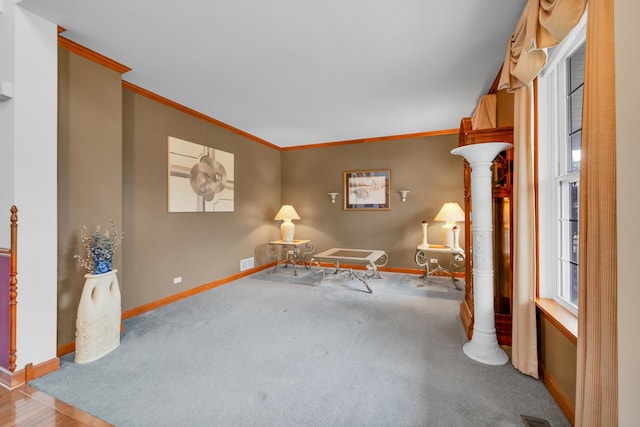 1581 Hunting Hound Ln, Bartlett, IL 60103 - sitting room featuring baseboards, ornamental molding, carpet flooring, visible vents, and ornate columns