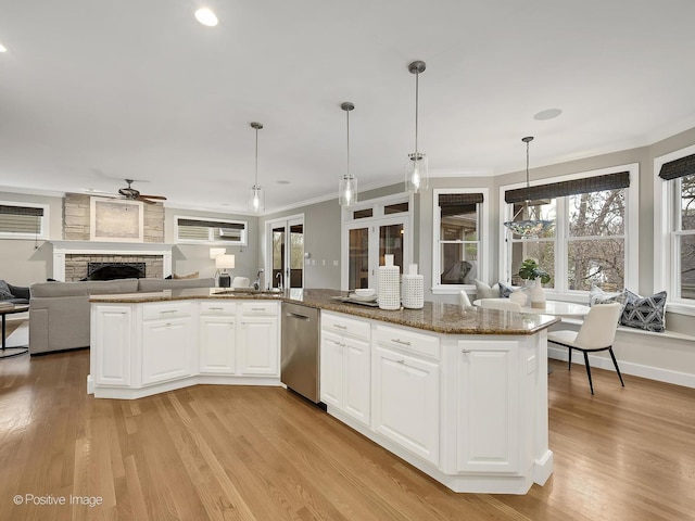 4716 Wallbank Ave, Downers Grove, IL 60515 - kitchen featuring dishwasher, ornamental molding, a ceiling fan, a fireplace, and light wood finished floors