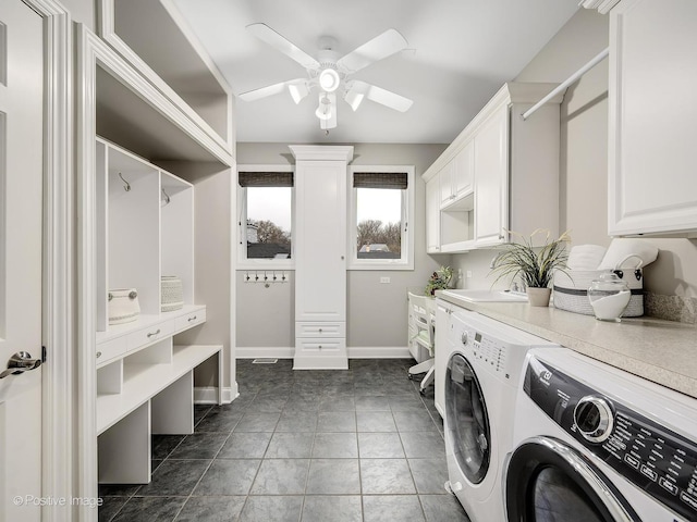 4716 Wallbank Ave, Downers Grove, IL 60515 - laundry room featuring ornate columns, separate washer and dryer, a ceiling fan, baseboards, and cabinet space
