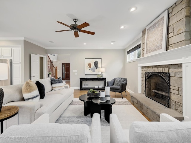 4716 Wallbank Ave, Downers Grove, IL 60515 - living room featuring crown molding, baseboards, a stone fireplace, and stairway