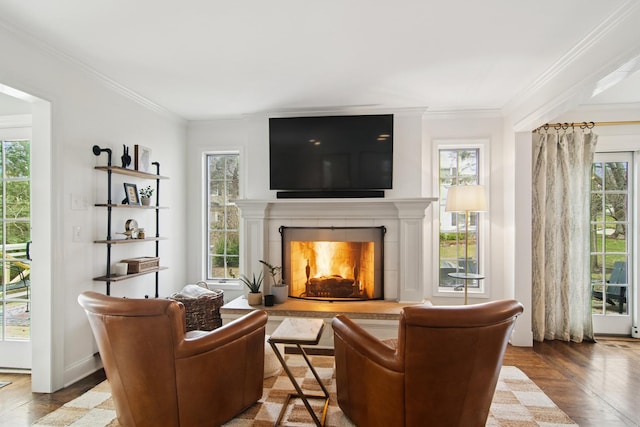 sitting room featuring crown molding, wood finished floors, and a fireplace