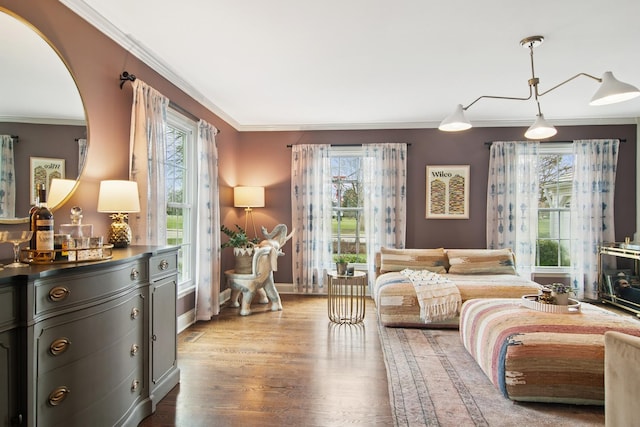 living area featuring plenty of natural light, baseboards, ornamental molding, and wood finished floors