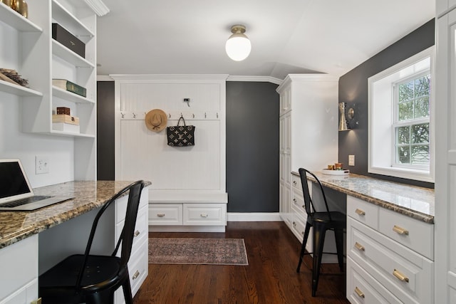 office with dark wood-type flooring, built in desk, and baseboards