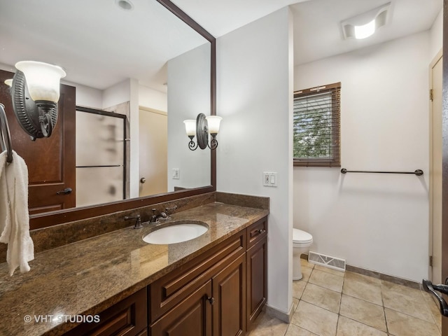 full bathroom featuring vanity, a stall shower, tile patterned floors, toilet, and visible vents