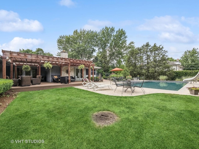 exterior space featuring a fenced in pool, a chimney, a pergola, a patio area, and a lawn