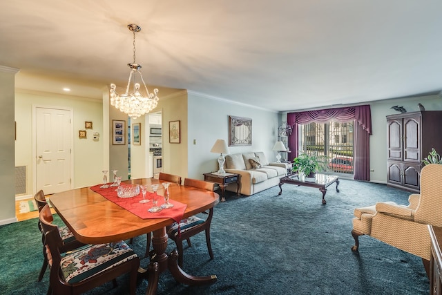 carpeted dining area featuring a chandelier, baseboards, ornamental molding, and visible vents