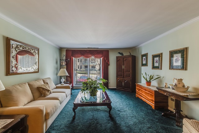 living room featuring crown molding and dark colored carpet
