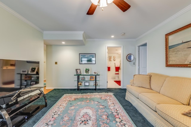 carpeted living area with crown molding, baseboards, a ceiling fan, and recessed lighting