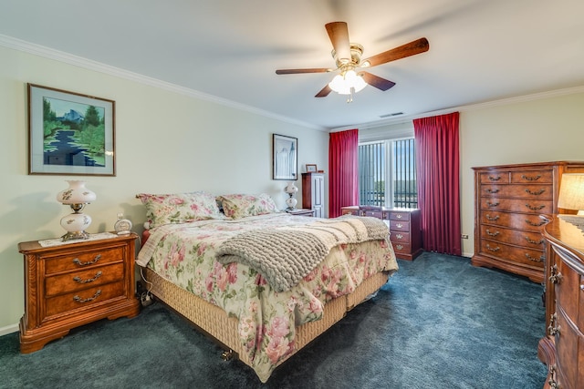 bedroom featuring dark carpet, a ceiling fan, ornamental molding, and visible vents