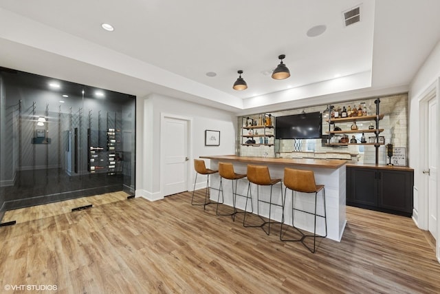 238 S Madison St, Hinsdale, IL 60521 - bar with indoor wet bar, light wood-type flooring, a tray ceiling, and visible vents
