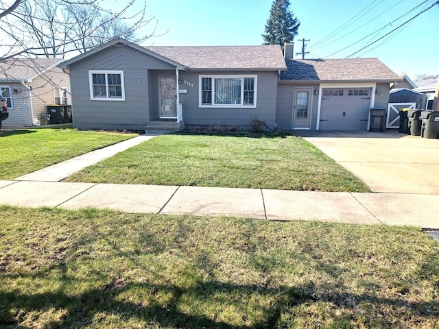 ranch-style home with a garage, a front lawn, a chimney, a shingled roof, and driveway