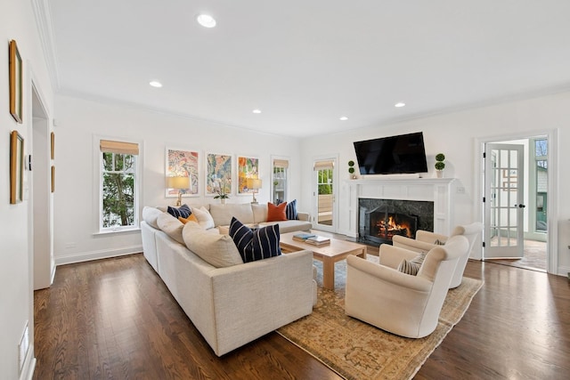 living area featuring dark wood-type flooring, ornamental molding, recessed lighting, and a premium fireplace