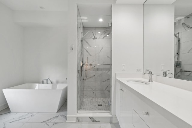 1560 Oakwood Ave Unit 205, Highland Park, IL 60035 - full bathroom with a marble finish shower, a freestanding bath, marble finish floor, and vanity