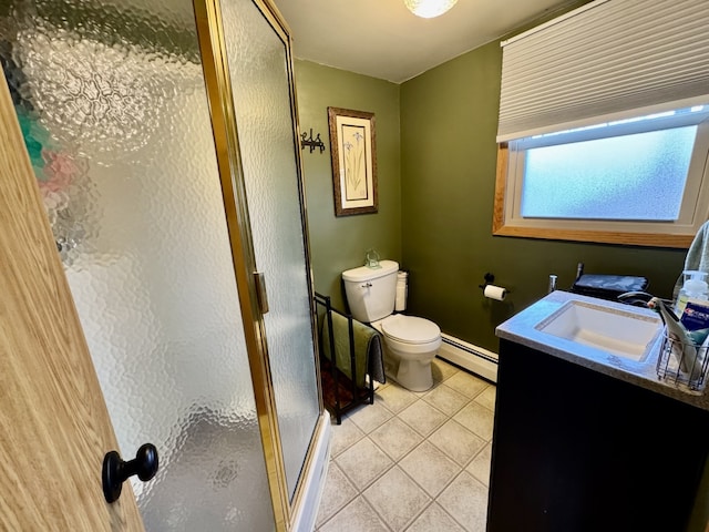 1409 Plain St, Peru, IL 61354 - full bathroom featuring toilet, baseboards, tile patterned flooring, a shower stall, and a baseboard radiator