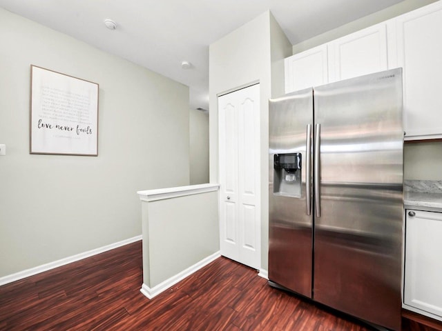 2409 Golf Ridge Cir, Naperville, IL 60563 - kitchen featuring dark wood finished floors, white cabinetry, stainless steel refrigerator with ice dispenser, light countertops, and baseboards