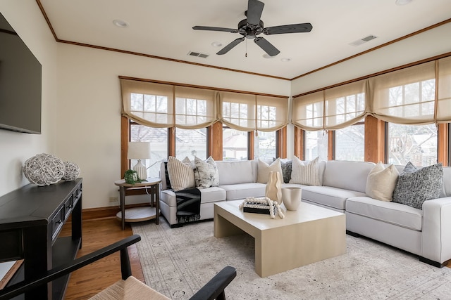 620 S Scoville Ave, Oak Park, IL 60304 - living room with a ceiling fan, visible vents, recessed lighting, and ornamental molding