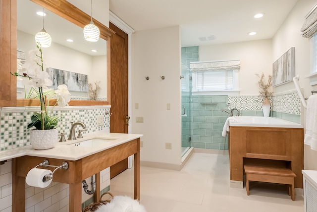 620 S Scoville Ave, Oak Park, IL 60304 - full bath with a shower stall, tasteful backsplash, a bath, and a sink