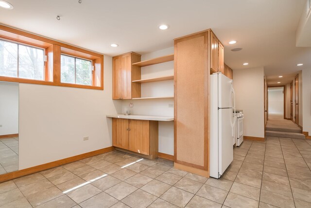 620 S Scoville Ave, Oak Park, IL 60304 - kitchen featuring baseboards, open shelves, white appliances, and light tile patterned floors