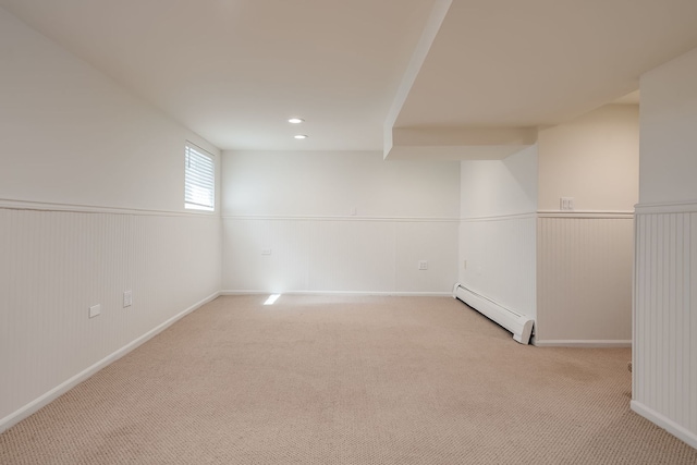 620 S Scoville Ave, Oak Park, IL 60304 - below grade area featuring baseboards, carpet floors, baseboard heating, and wainscoting