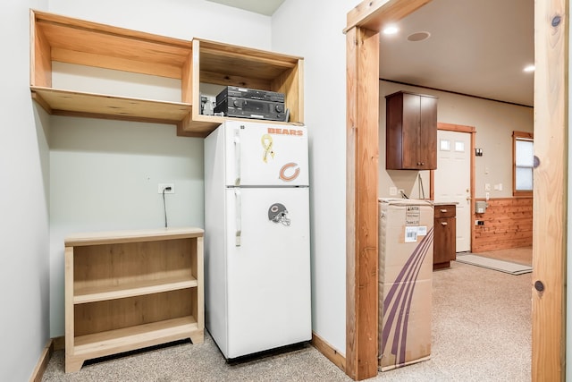 620 S Scoville Ave, Oak Park, IL 60304 - kitchen with light carpet and freestanding refrigerator