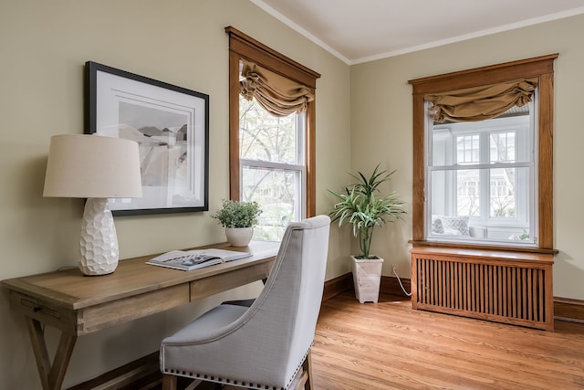 620 S Scoville Ave, Oak Park, IL 60304 - office area featuring light wood-type flooring, baseboards, ornamental molding, and radiator