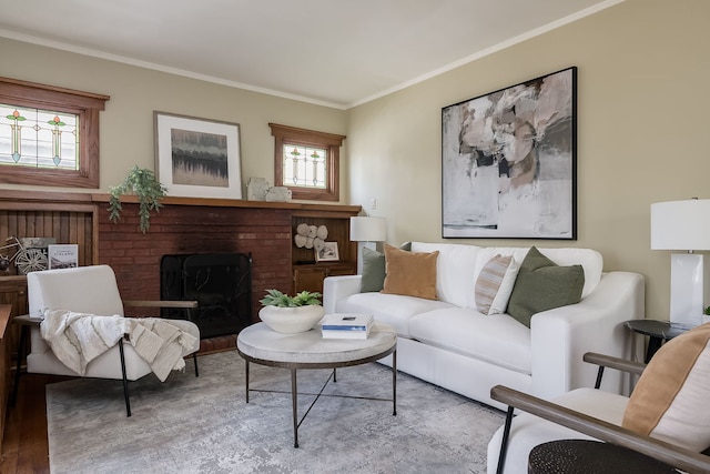 620 S Scoville Ave, Oak Park, IL 60304 - living area with crown molding, a brick fireplace, and wood finished floors