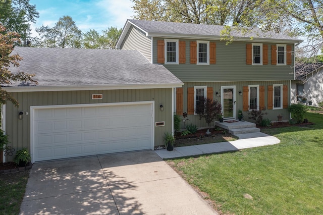 view of front of home featuring a shingled roof, concrete driveway, an attached garage, and a front yard