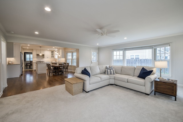 1007 Canonero Dr, Naperville, IL 60540 - living room with dark wood finished floors, a ceiling fan, ornamental molding, recessed lighting, and dark colored carpet