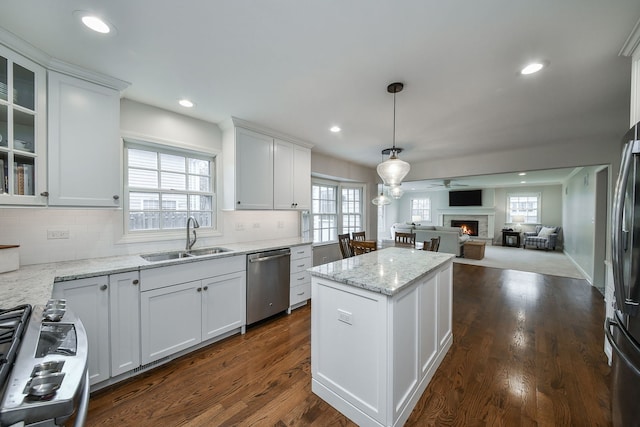 1007 Canonero Dr, Naperville, IL 60540 - kitchen with a lit fireplace, a center island, white cabinets, appliances with stainless steel finishes, and a sink