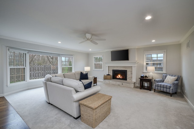 1007 Canonero Dr, Naperville, IL 60540 - living room with ceiling fan, baseboards, ornamental molding, and plenty of natural light