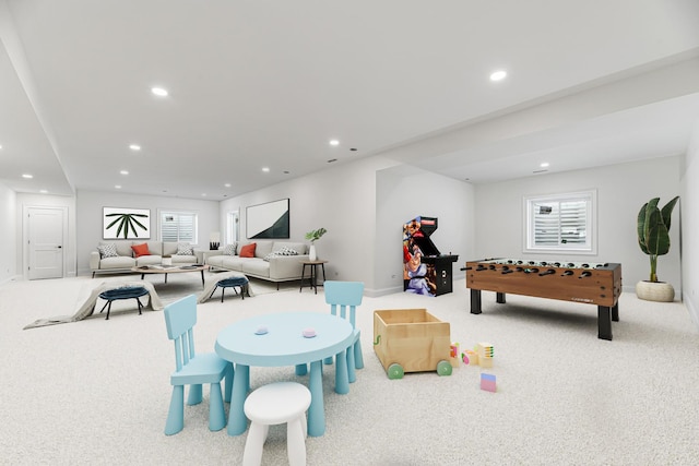 recreation room with recessed lighting, baseboards, and carpet floors