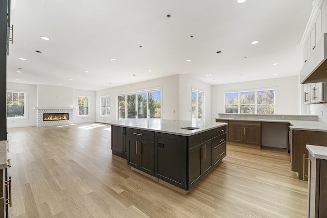kitchen featuring a glass covered fireplace, light wood-style floors, a large island, and a healthy amount of sunlight