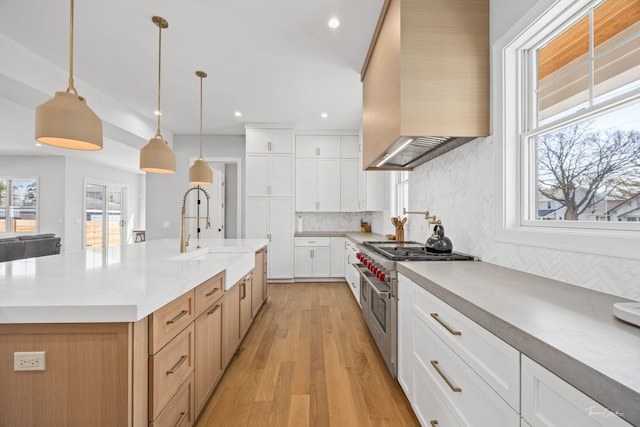 kitchen featuring decorative backsplash, range with two ovens, light wood-type flooring, a sink, and custom exhaust hood