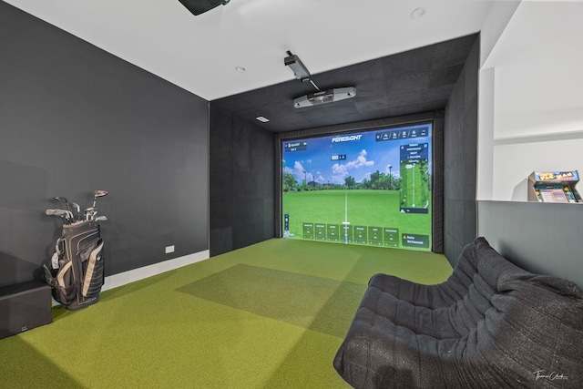 recreation room featuring carpet and golf simulator