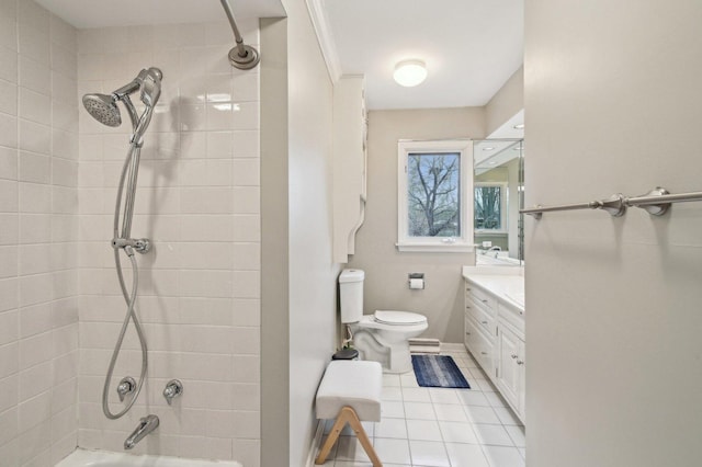 bathroom with vanity, tile patterned floors, shower / bath combination, and toilet