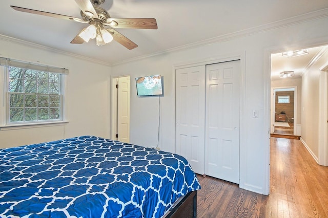 bedroom with ceiling fan, ornamental molding, a closet, and wood finished floors