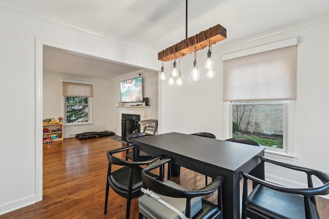 dining room featuring crown molding, dark wood-style flooring, a healthy amount of sunlight, and a fireplace