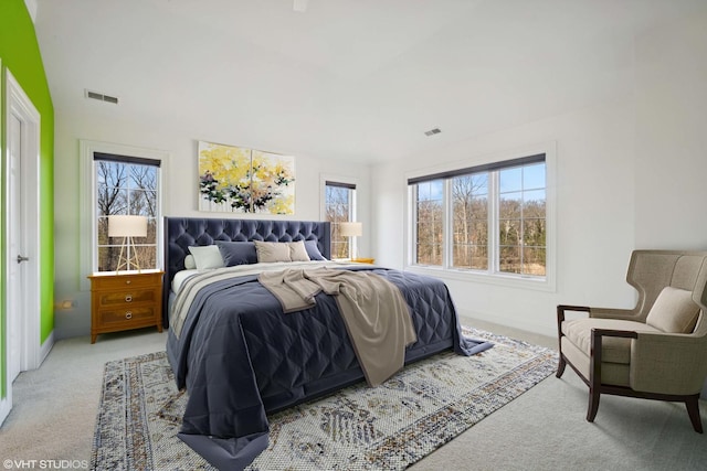carpeted bedroom featuring visible vents, baseboards, and multiple windows