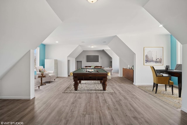 rec room featuring baseboards, wood finished floors, vaulted ceiling, and pool table