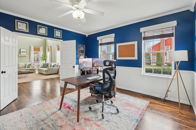 office area featuring ceiling fan, plenty of natural light, and wood finished floors