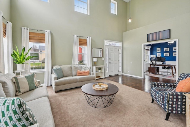 living room with a wealth of natural light, baseboards, and wood finished floors